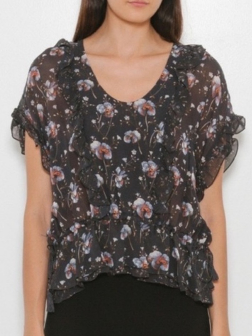 ULLA JOHNSON Lief 100% Silk Georgette Midnight Floral Ruffle Blouse Sz 8 Tassels